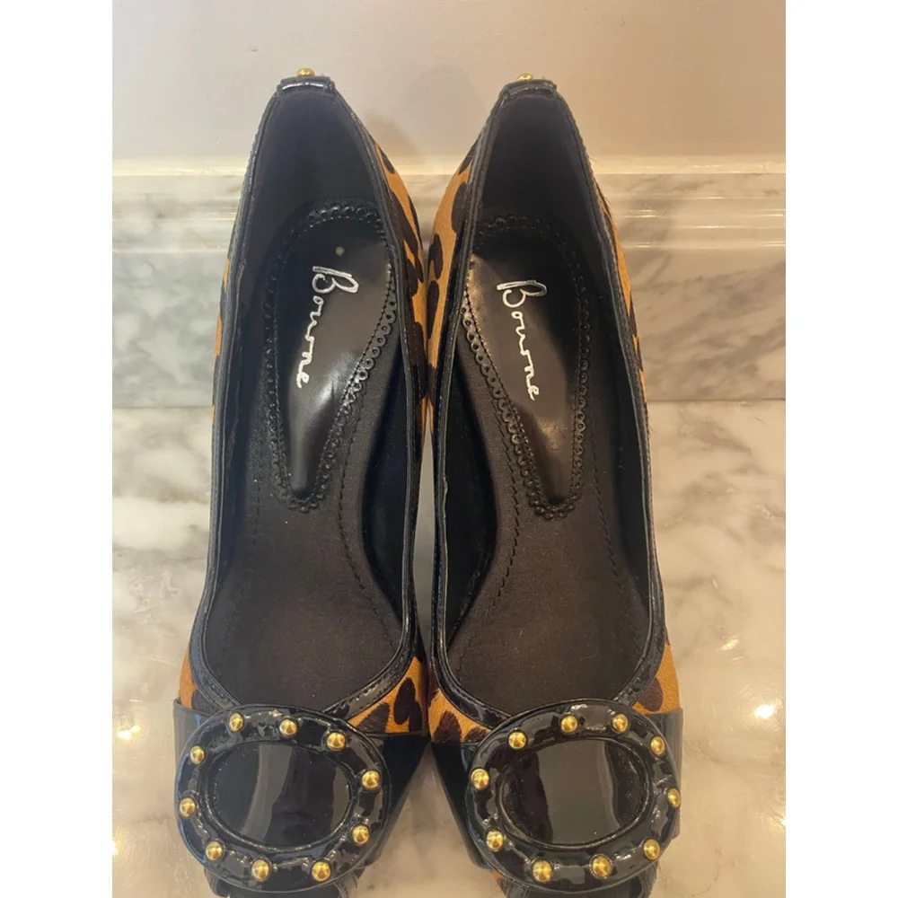Y2K Bourne London Leopard Pony Hair Patent Leather Peep Toe Stiletto Heels Sz 37